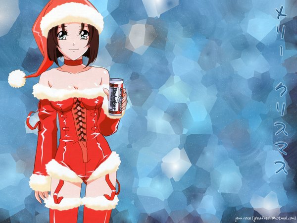 Anime picture 1024x768 with you're under arrest studio deen tsujimoto natsumi short hair breasts blue eyes light erotic brown hair bare shoulders cleavage wallpaper fur trim christmas thighhighs hat choker fur alcohol santa claus hat beer