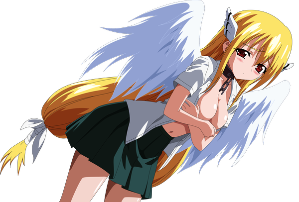 Anime picture 3816x2585 with sora no otoshimono astraea single long hair blush highres breasts light erotic blonde hair red eyes absurdres open clothes open shirt transparent background girl skirt navel uniform school uniform miniskirt