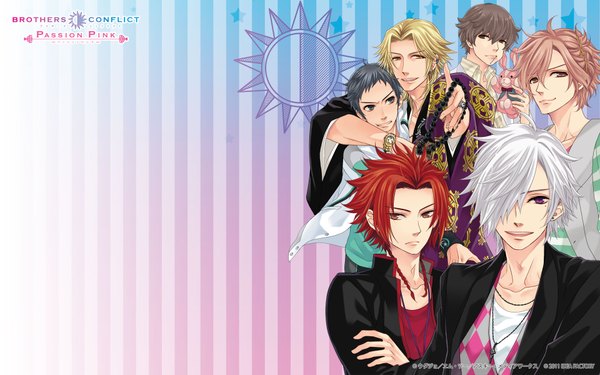 Anime picture 1920x1200 with brothers conflict idea factory asahina tsubaki asahina futo asahina yusuke asahina subaru asahina masaomi asahina kaname long hair looking at viewer fringe highres short hair blonde hair smile red eyes brown hair wide image purple eyes brown eyes