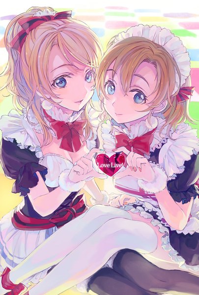 イラスト 750x1110 と ラブライブ! サンライズ love live! 絢瀬絵里 高坂穂乃果 ame yamori 長髪 長身像 カメラ目線 短い髪 青い目 金髪 笑顔 茶色の髪 座る multiple girls ポニーテール nail polish maid copyright name