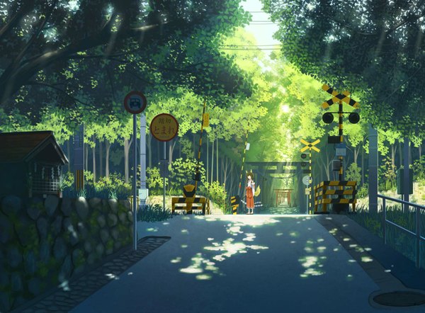 Anime picture 1900x1400 with original doora (dora0913) single looking at viewer highres short hair brown hair animal ears tail traditional clothes japanese clothes animal tail sunlight fox ears fox tail fox girl miko scenic girl tree (trees)