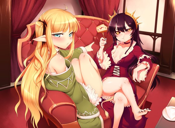 Anime picture 3803x2783 with tanaka the wizard edita (tanaka the wizard) christina (tanaka the wizard) mdastarou long hair blush highres breasts blue eyes light erotic black hair blonde hair multiple girls yellow eyes absurdres tail pointy ears bare legs crossed legs eating