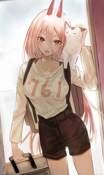 Anime picture 1220x2048 with chainsaw man mappa power (chainsaw man) meowy (chainsaw man) nakonbu single long hair tall image looking at viewer blush fringe breasts open mouth hair between eyes red eyes standing holding pink hair head tilt horn (horns)