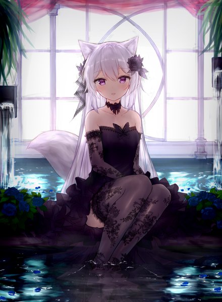 Anime picture 2200x3000 with original guo582 single long hair tall image looking at viewer blush fringe highres open mouth smile hair between eyes sitting purple eyes bare shoulders animal ears payot silver hair bent knee (knees) indoors