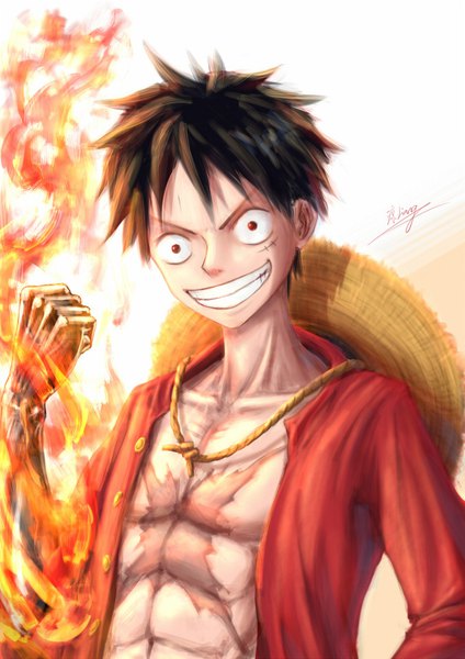 Anime picture 679x960 with one piece toei animation monkey d. luffy liang jian single tall image looking at viewer fringe short hair black hair simple background smile hair between eyes red eyes white background signed upper body open clothes grin scar