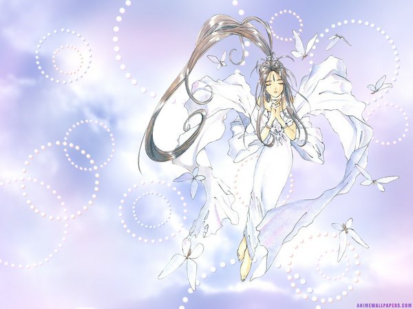 Anime picture 1024x768 with aa megami-sama anime international company belldandy single long hair brown hair ponytail eyes closed praying girl dress insect butterfly