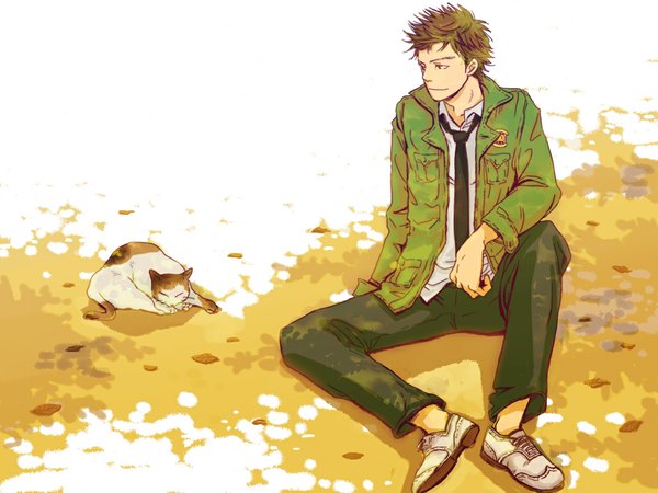 Anime picture 1024x768 with giant killing tatsumi takeshi short hair smile brown hair sitting autumn boy animal necktie boots cat autumn leaves
