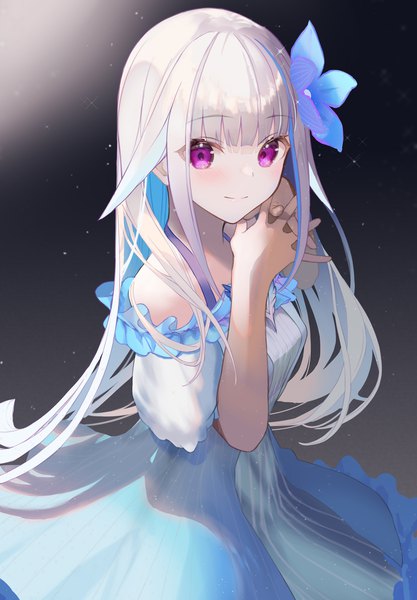 Anime picture 1392x2004 with virtual youtuber nijisanji lize helesta lize helesta (2nd costume) shuuha arutsu single long hair tall image looking at viewer blush fringe smile purple eyes silver hair multicolored hair hair flower from above official alternate costume colored inner hair interlocked fingers