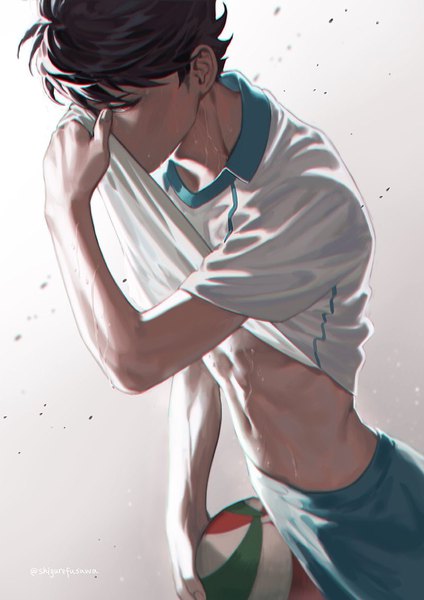 Anime picture 800x1131 with haikyuu!! production i.g ooikawa tooru torinmo single tall image looking at viewer fringe short hair red eyes brown hair standing sweatdrop muscle boy navel uniform ball volleyball ball