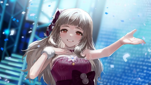 Anime picture 2262x1272 with idolmaster idolmaster cinderella girls kamiya nao sowb single long hair looking at viewer highres smile wide image brown eyes upper body grey hair grin hand on chest dress up night girl confetti idol