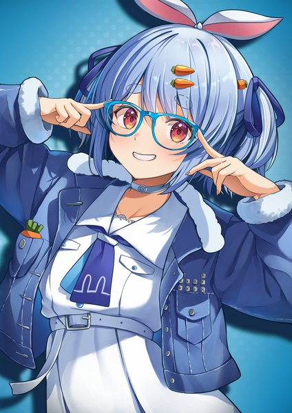 Anime picture 2894x4093 with virtual youtuber hololive usada pekora usada pekora (casual) chameleon (chameleon0613) single tall image looking at viewer highres short hair smile animal ears blue hair open jacket shadow orange eyes two side up bunny ears fur trim grin