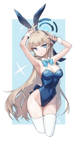Anime picture 1903x3536 with blue archive toki (blue archive) toki (bunny) (blue archive) honsi (xhnu3527) single long hair tall image looking at viewer fringe highres breasts blue eyes light erotic blonde hair large breasts standing animal ears cleavage tail blunt bangs