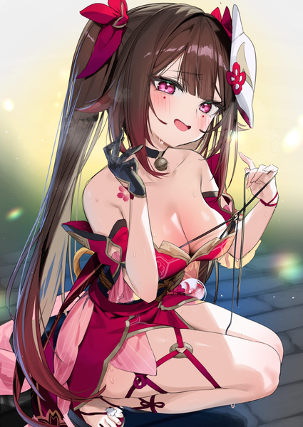 Anime-Bild 1756x2479 mit honkai: star rail honkai (series) sparkle (honkai: star rail) itohana single long hair tall image looking at viewer blush fringe highres breasts open mouth light erotic smile brown hair large breasts twintails bare shoulders payot