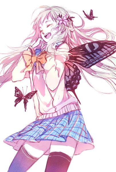 Anime picture 1181x1748 with original tan (pixiv4806365) single long hair tall image blush fringe simple background standing white background ahoge eyes closed hair flower zettai ryouiki plaid skirt eyebrows plaid insect wings butterfly wings girl