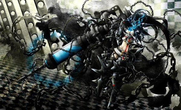 Anime picture 1920x1165 with black rock shooter black rock shooter (character) kuroi mato long hair highres blue eyes black hair wide image twintails checkered floor checkered background girl