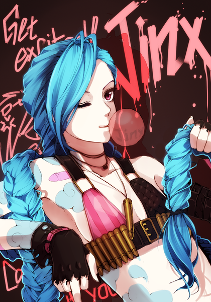 Anime picture 1200x1714 with league of legends jinx (league of legends) ede single tall image highres breasts simple background braid (braids) very long hair one eye closed pink eyes light smile wink aqua hair armpit (armpits) tattoo character names twin braids text