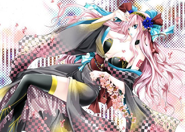 Anime picture 1000x714 with vocaloid megurine luka coco (eccentricrouge) single long hair blue eyes light erotic pink hair traditional clothes japanese clothes hair flower tattoo girl thighhighs hair ornament flower (flowers) black thighhighs petals pantyhose hairband