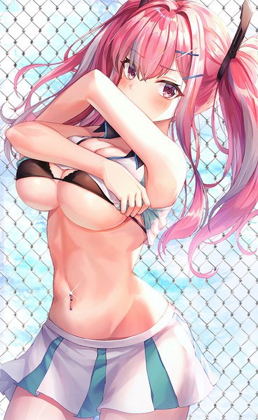 Anime picture 614x1000 with azur lane bremerton (azur lane) bremerton (scorching-hot training) (azur lane) minari (lmina09) single long hair tall image looking at viewer blush fringe breasts light erotic hair between eyes large breasts standing twintails payot pink hair sky cloud (clouds)