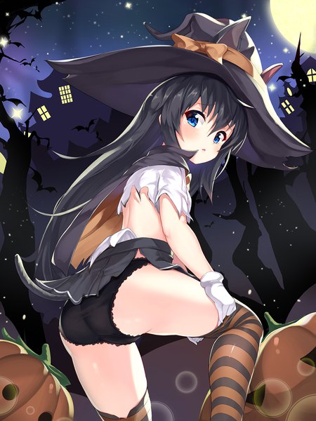 Anime picture 1124x1500 with kantai collection asashio destroyer 2drr single long hair tall image looking at viewer blush fringe open mouth blue eyes light erotic black hair hair between eyes animal ears payot ass tail animal tail looking back