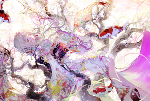 Anime picture 1250x841 with original tsukioka tsukiho single long hair looking at viewer white hair traditional clothes japanese clothes white eyes girl plant (plants) animal tree (trees) kimono obi bubble (bubbles) fish (fishes)