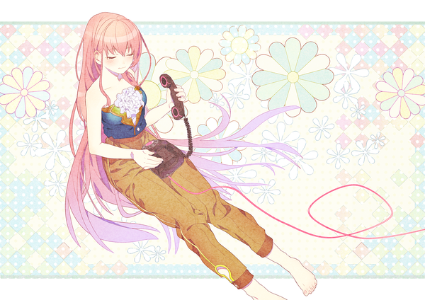 Anime picture 1669x1182 with vocaloid megurine luka keishi single long hair blush fringe sitting bare shoulders holding pink hair purple hair eyes closed nail polish multicolored hair barefoot from above two-tone hair girl flower (flowers)