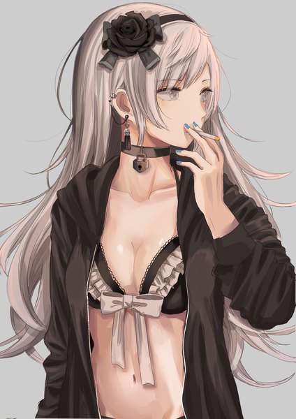 Anime picture 2480x3507 with original ibuki (ibuki0118) single long hair tall image fringe highres breasts light erotic simple background hair between eyes standing holding looking away cleavage silver hair long sleeves nail polish hair flower arm up