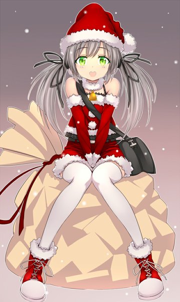 Anime picture 629x1050 with original zizi (zz22) single tall image looking at viewer open mouth smile twintails bare shoulders green eyes grey hair zettai ryouiki gradient background snowing christmas between legs knees together feet apart girl thighhighs bow