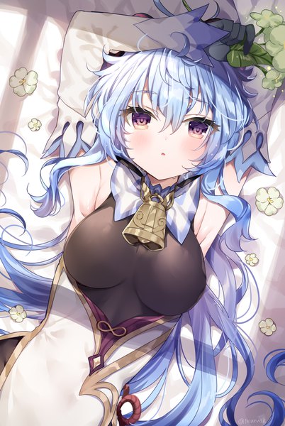 Anime picture 2508x3741 with genshin impact ganyu (genshin impact) mafuyu (chibi21) single long hair tall image looking at viewer blush fringe highres breasts open mouth light erotic hair between eyes large breasts purple eyes blue hair lying traditional clothes from above