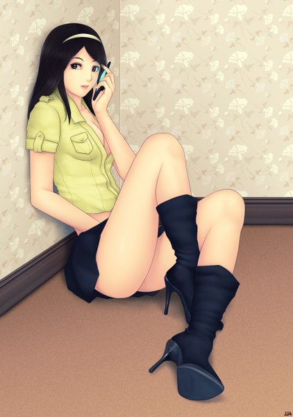 Anime picture 950x1350 with original khalitzburg single long hair tall image blush breasts light erotic black hair large breasts sitting looking away cleavage light smile lips black eyes open clothes open shirt legs against wall