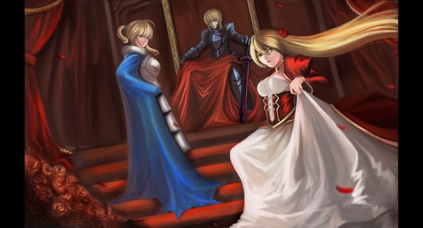 Anime picture 1350x731 with fate (series) fate/stay night fate/extra studio deen type-moon artoria pendragon (all) saber nero claudius (fate) (all) saber alter nero claudius (fate) dzhang13 long hair short hair blonde hair wide image sitting multiple girls green eyes girl dress