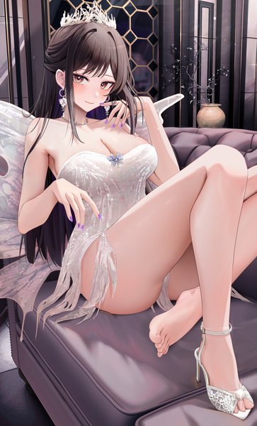 Anime picture 4392x7260 with real life haneame ru zhai single long hair tall image looking at viewer blush fringe highres breasts light erotic black hair smile large breasts sitting brown eyes absurdres cleavage bent knee (knees)