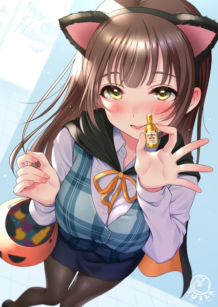 Anime picture 800x1129 with original tsukana (saba mizore) single long hair tall image looking at viewer blush fringe breasts open mouth simple background brown hair large breasts standing holding signed animal ears yellow eyes payot long sleeves