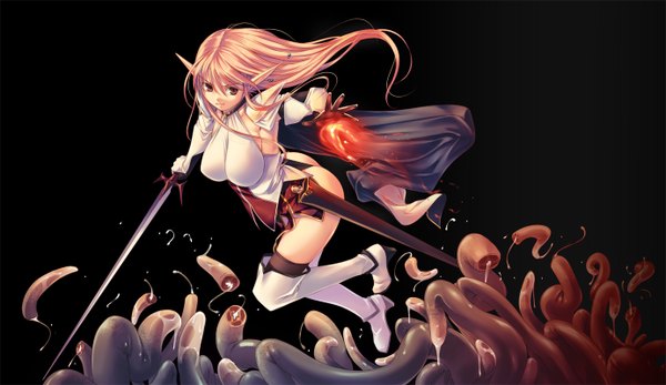 Anime picture 1382x800 with original kirishima satoshi single long hair breasts light erotic blonde hair wide image brown eyes ass pointy ears magic girl thighhighs weapon black thighhighs sword thigh boots cloak tentacles