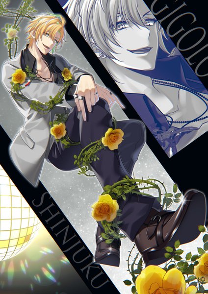 Anime picture 919x1300 with hypnosis mic izanami hifumi suzuka nene single tall image short hair blonde hair yellow eyes full body multicolored hair sparkle streaked hair partially open clothes zoom layer boy flower (flowers) rose (roses) ring yellow rose disco ball