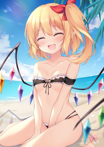 Anime picture 2481x3508 with touhou flandre scarlet sisterakuma single tall image blush fringe highres short hair light erotic blonde hair hair between eyes sitting sky cloud (clouds) eyes closed pointy ears beach one side up wariza