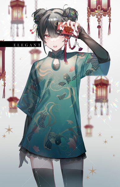 Anime picture 1316x2048 with original aono 99 single tall image looking at viewer fringe short hair open mouth black hair hair between eyes red eyes standing holding payot long sleeves traditional clothes arm up blurry inscription sparkle