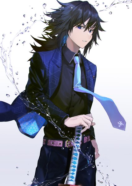 Anime picture 1240x1748 with kimetsu no yaiba ufotable tomioka giyuu xuefei (snowdrop) single long hair tall image looking at viewer fringe blue eyes black hair hair between eyes alternate costume gradient background contemporary boy weapon shirt sword water