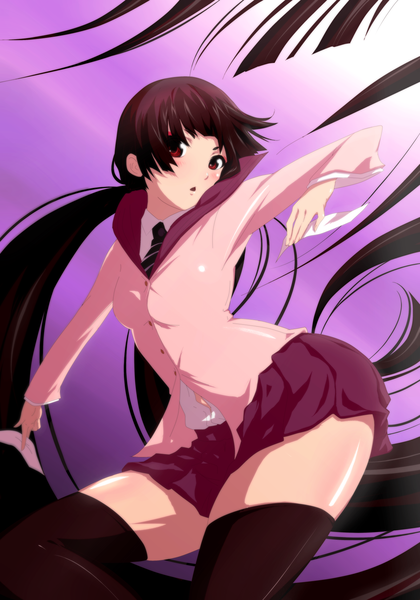 Anime picture 1155x1650 with ao no exorcist a-1 pictures kamiki izumo cake (nico seiga) single long hair tall image blush open mouth black hair red eyes purple background girl thighhighs skirt uniform black thighhighs school uniform miniskirt