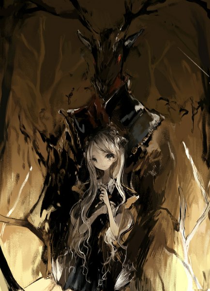 Anime picture 579x800 with original asahiro long hair tall image looking at viewer standing white hair head tilt horn (horns) black eyes wavy hair girl monster