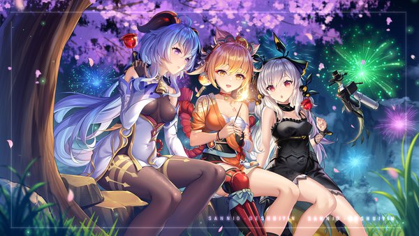 Anime picture 1920x1080 with genshin impact arknights ganyu (genshin impact) yoimiya (genshin impact) weedy (arknights) sannio long hair fringe highres short hair breasts open mouth light erotic blonde hair smile hair between eyes red eyes wide image sitting purple eyes