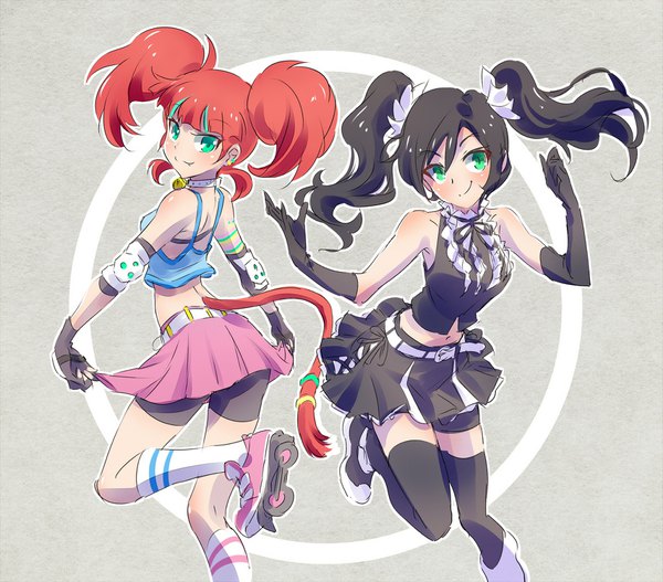 Anime picture 1707x1500 with rwby rooster teeth neopolitan (rwby) neon katt iesupa long hair looking at viewer fringe highres short hair black hair simple background smile twintails multiple girls green eyes tail animal tail orange hair cat tail