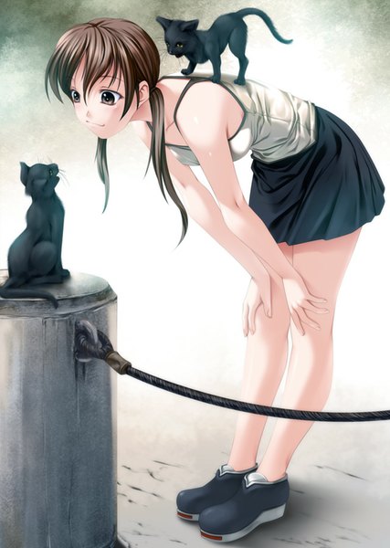Аниме картинка 640x900 с оригинальное изображение rezi один (одна) длинные волосы высокое изображение каштановые волосы два хвостика карие глаза девушка юбка животное кот (кошка)