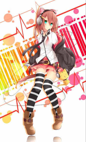 Anime picture 915x1500 with original yonari phone neon chabaneko tall image looking at viewer blush short hair blue eyes brown hair animal ears tail animal tail cat ears open clothes open jacket cat girl cat tail zettai ryouiki girl thighhighs