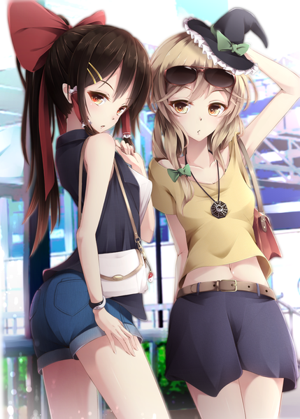 Anime picture 1000x1398 with touhou hakurei reimu kirisame marisa toyosaki shu long hair tall image looking at viewer fringe breasts blonde hair hair between eyes brown hair standing brown eyes outdoors ponytail head tilt arm up alternate costume alternate hairstyle