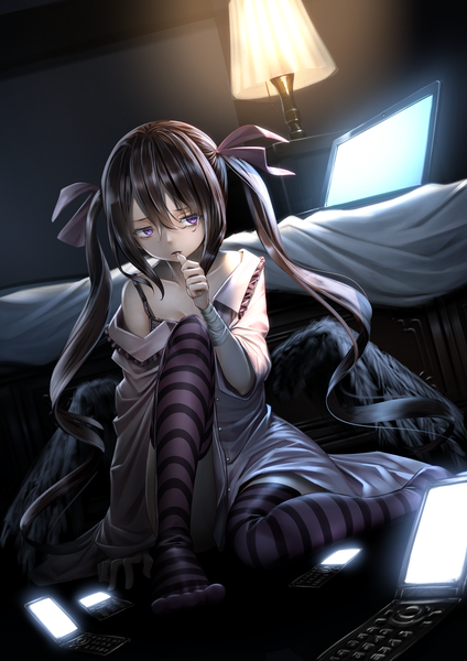 Anime picture 1000x1414 with touhou himekaidou hatate ryosios single long hair tall image fringe light erotic black hair hair between eyes sitting purple eyes twintails looking away bent knee (knees) indoors parted lips off shoulder dutch angle striped