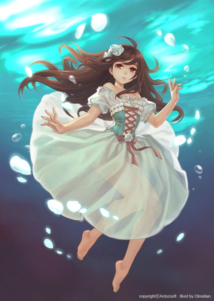 Anime picture 880x1233 with original obsidian single long hair tall image looking at viewer brown hair brown eyes barefoot hair flower tears underwater lacing see-through silhouette girl dress hair ornament flower (flowers) water white dress