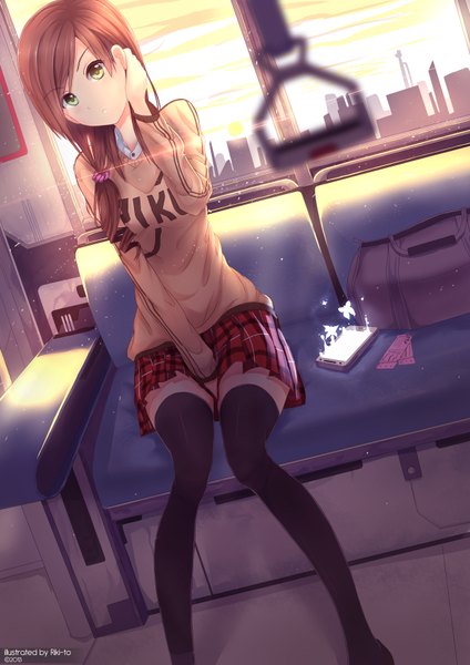 Anime picture 2480x3507 with original riki-to single long hair tall image highres brown hair green eyes pleated skirt sunlight city between legs girl thighhighs uniform black thighhighs school uniform sweater school bag