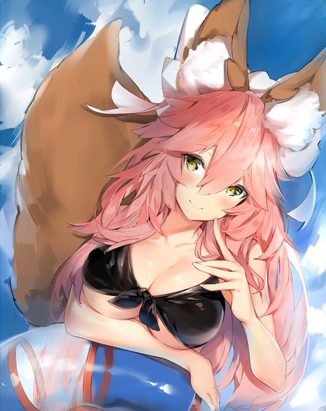 Anime picture 1350x1700 with fate (series) fate/grand order fate/extra tamamo (fate) (all) tamamo no mae (swimsuit lancer) (fate) silver (chenwen) single long hair tall image looking at viewer blush fringe breasts light erotic smile hair between eyes large breasts animal ears yellow eyes pink hair