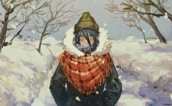 Anime picture 2048x1267 with chainsaw man mappa reze (chainsaw man) champi single looking at viewer blush highres short hair black hair wide image green eyes signed upper body outdoors fur trim snowing winter snow hands in pockets