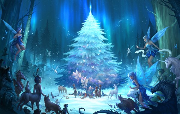 Anime picture 1200x767 with original sandara long hair short hair bare shoulders animal ears blue hair silver hair tail animal tail looking back horn (horns) green hair from behind night night sky glowing christmas elf fantasy